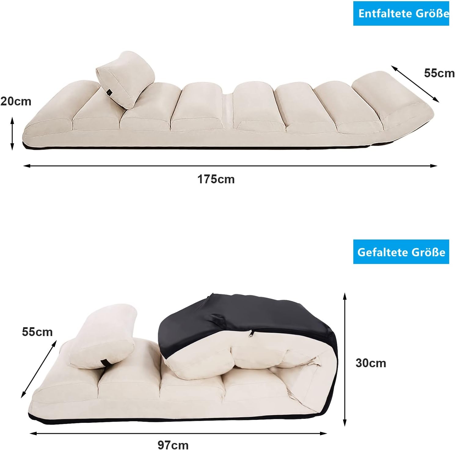 COSTWAY Relaxliege klappbar, Bodenstuhl mit Verstellbarer Rückenlehne, Bodenliege mit Schlaffunktion, Bodensofa, Bodensessel für Gaming, Schlafen, Lesen, Beige
