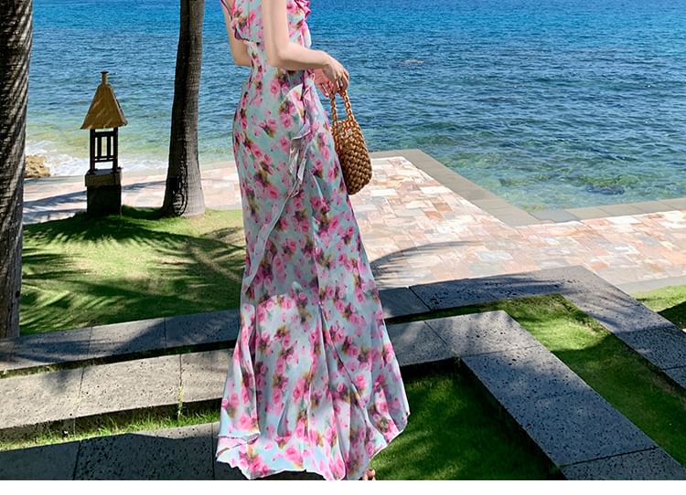 Egsy - Mouwloze maxi-zonnejurk met ronde hals en bloemenruffle