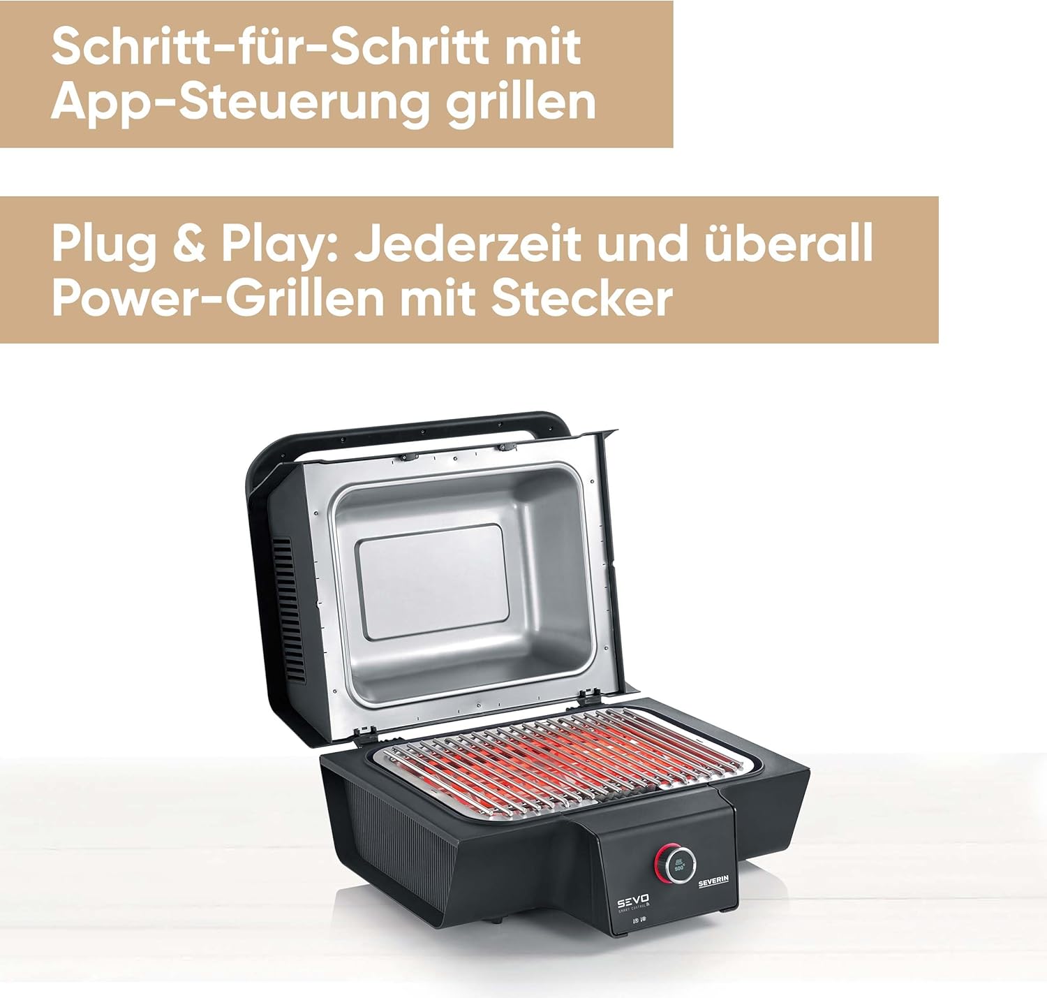 SEVERIN SEVO SMART CONTROL GT Elektrogrill mit App-Steuerung und Deckel, elektrischer Tischgrill, in 10 min bis 500°C, OLED-Display, für innen und außen, 3.000 W, Edelstahl/Schwarz, PG 8138