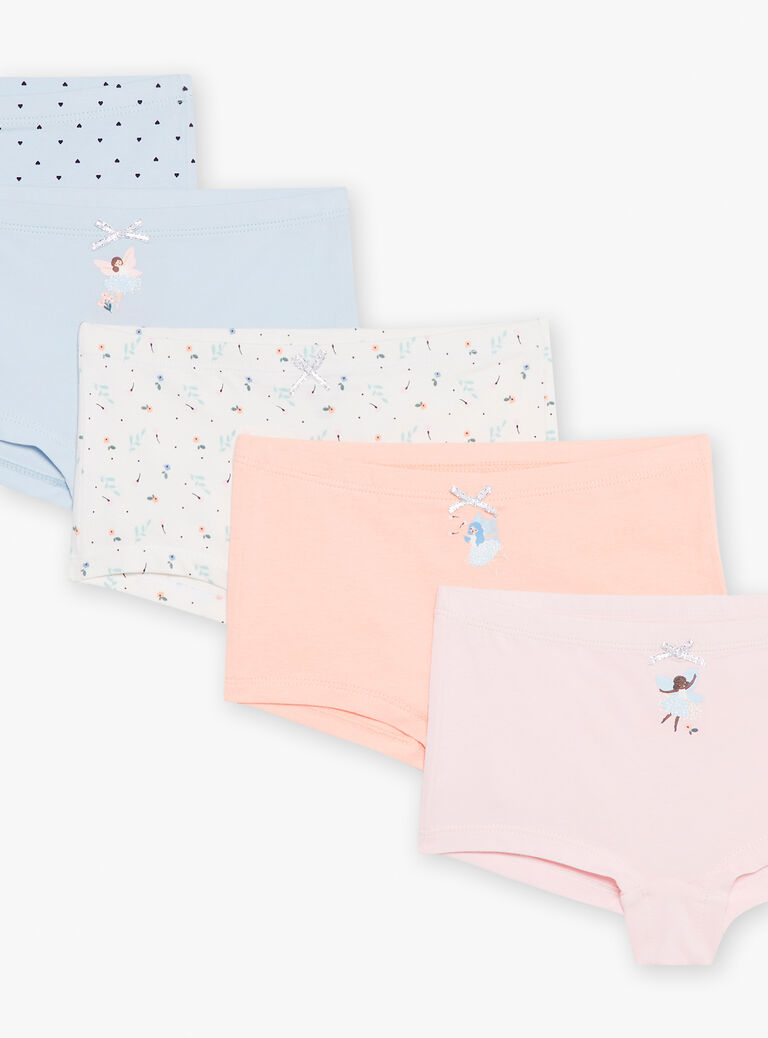 5 shortys ciel, écru, rose et orange à imprimé curs et fleuris et motifs fées danseuses