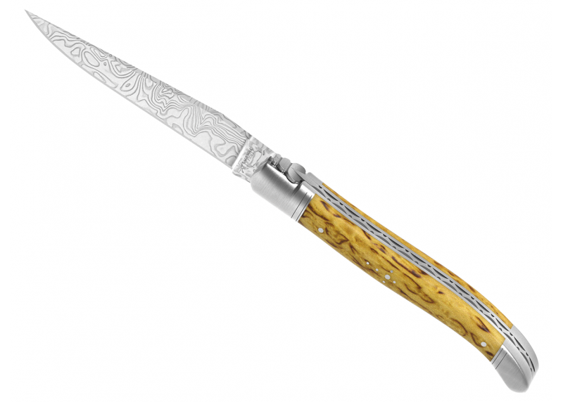 Couteau Laguiole collection damas avec un manche en bois de bouleau et 2 mitres en acier inoxydable