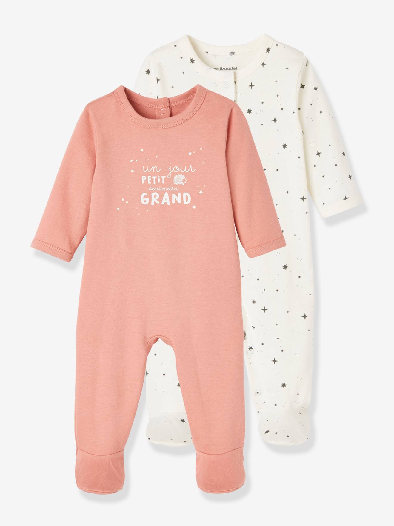 Conjunto de 2 pijamas de algodão orgânico para recém-nascidos, lisos rosa claro com estampas.