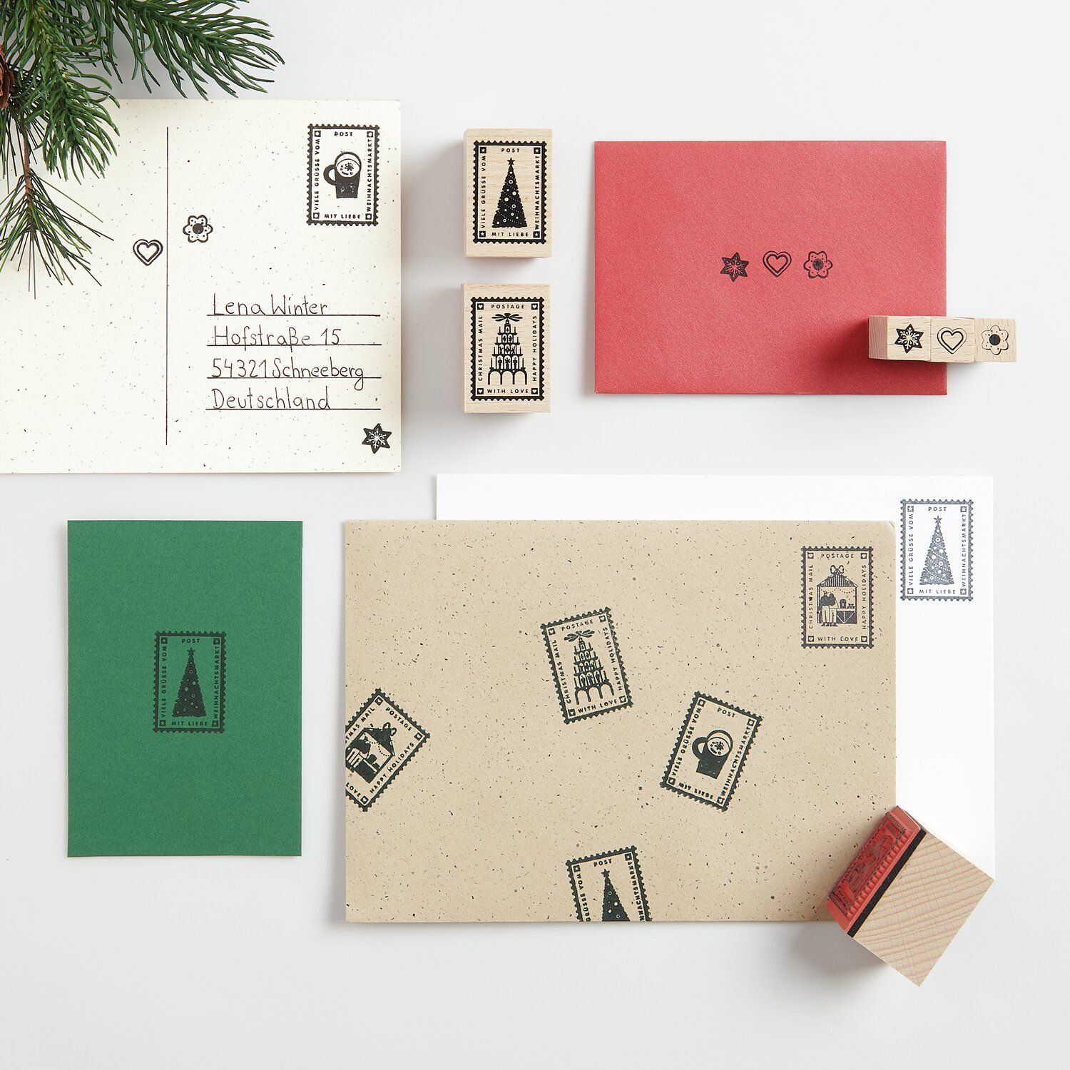 (8-tlg. Set) Weihnachts Holz Stempel Kit DIY Karten / Brief Deko Christmas Stempel inkl. Stempelkissen (302362) - Weihnachtspost