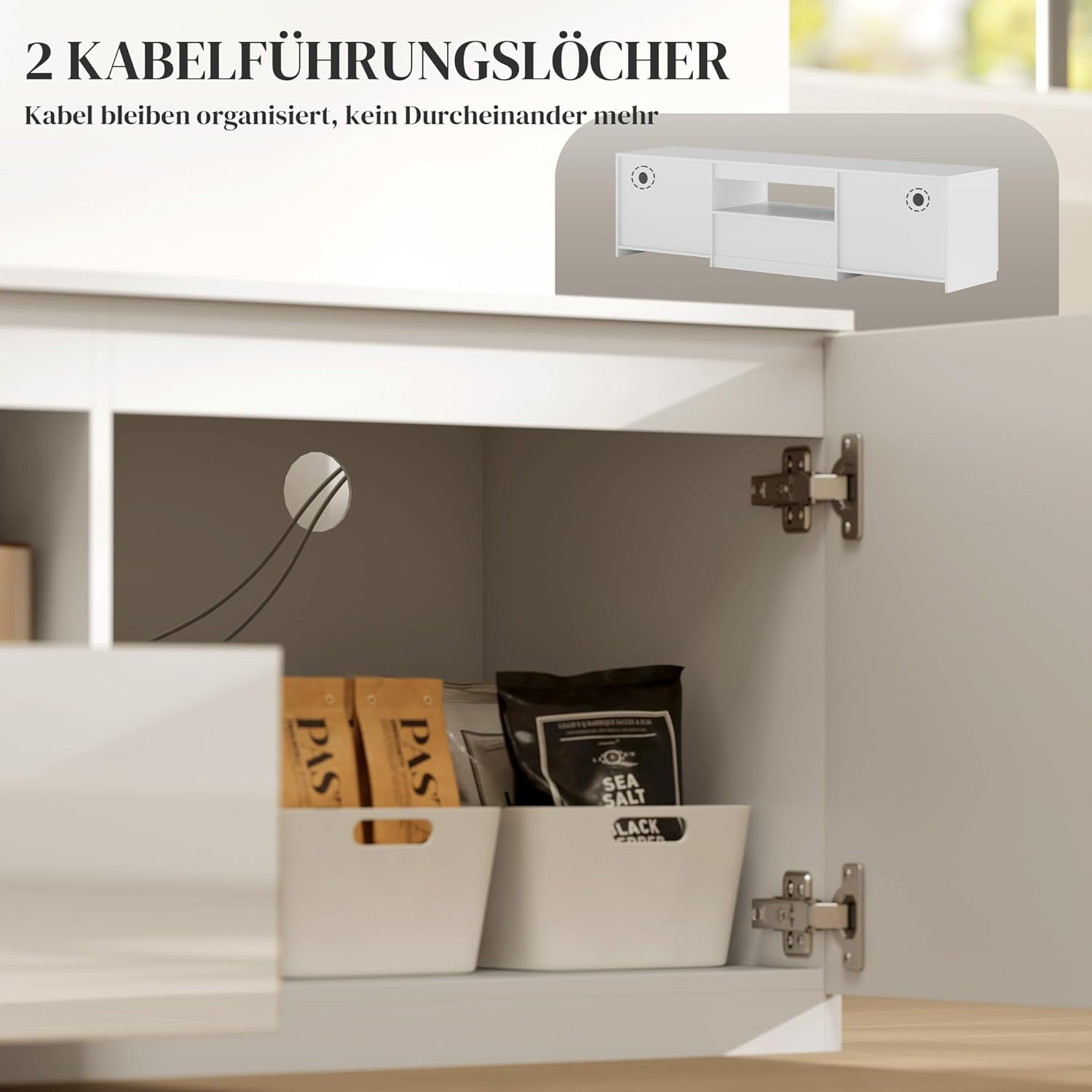 HOMCOM TV Schrank Lowboard mit 2 Türen, Schublade, 160 cm lang Fernsehtisch für Fernseher bis zu 65 Zoll, TV Board mit Kabelmanagement für Wohnzimmer, Weiß