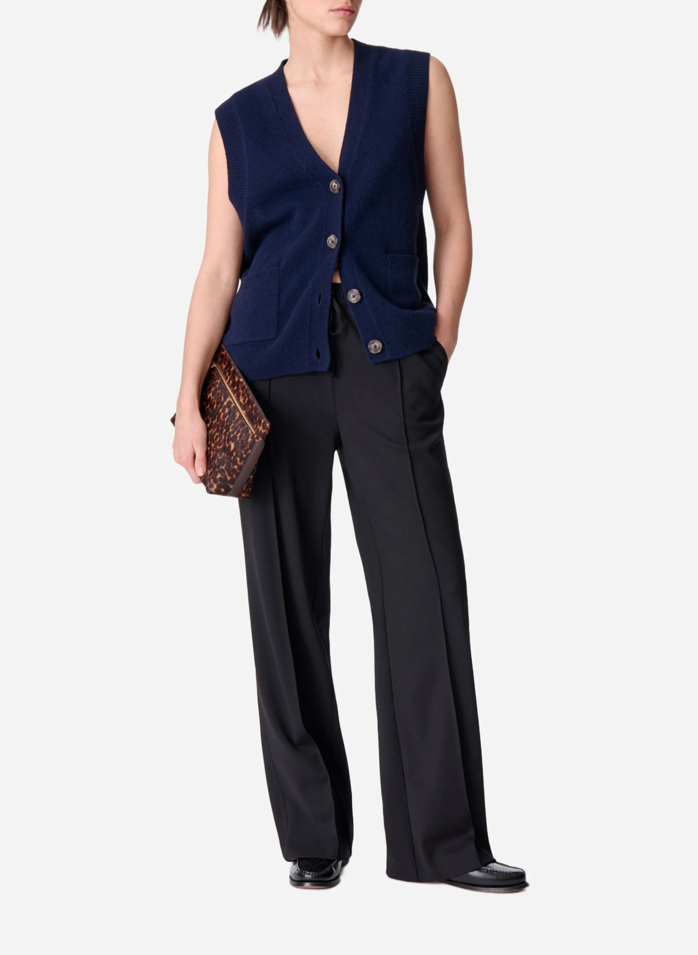 DASHLEY - Gilet droit col V en laine | Bleu