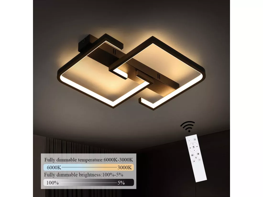NETTLIFE plafonnier LED 35W noir lampe de salon dimmable avec télécommande design moderne lampe de table à manger lampe de bureau lampe de couloir