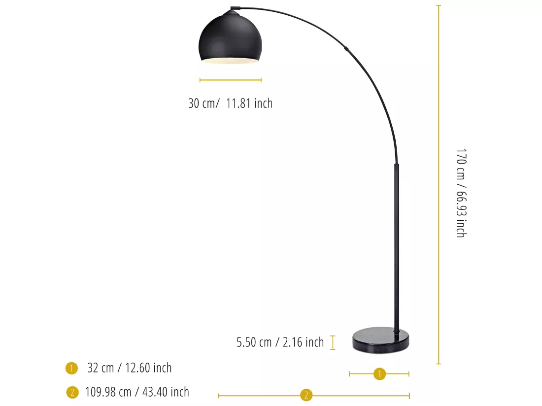 Lampadaire Arquer arc lampe de salon abat-jour pied marbre noir Teamson Home