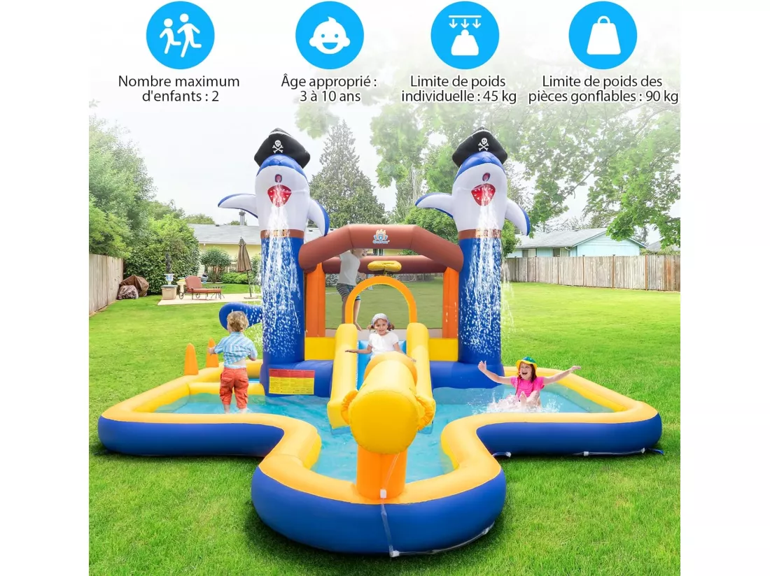 7 en 1 Château Gonflable en Forme Requin avec Toboggan & Jeu de Boxe, Aire de Jeux Gonflable avec Maison de Saut & Piscine, Charge 90kg pour 2 Enfants de 3-10 Ans, 578 x 408 x 250 CM