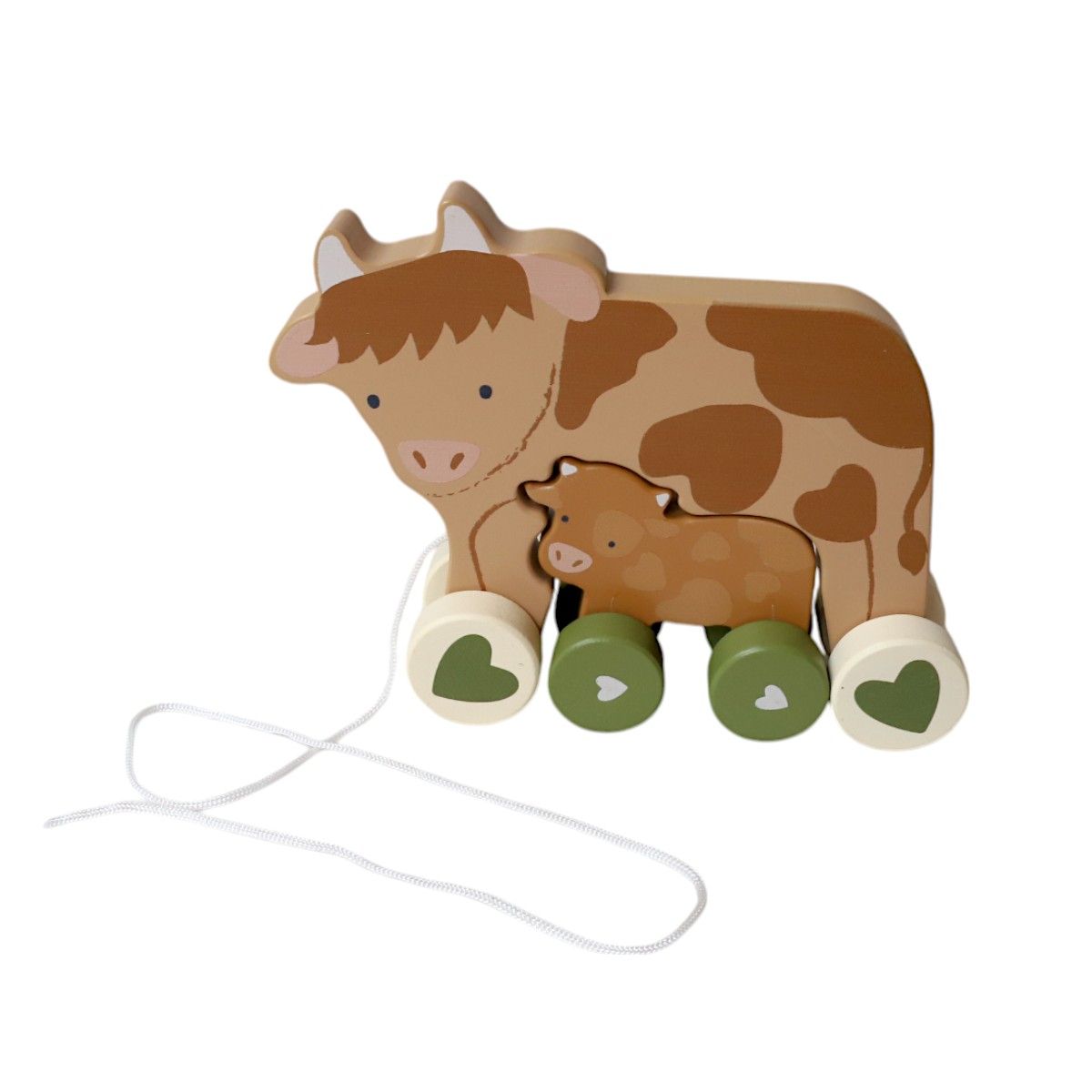 Vache et son bébé jouet en bois à tirer - Bébé Highland Mercredi et Patati