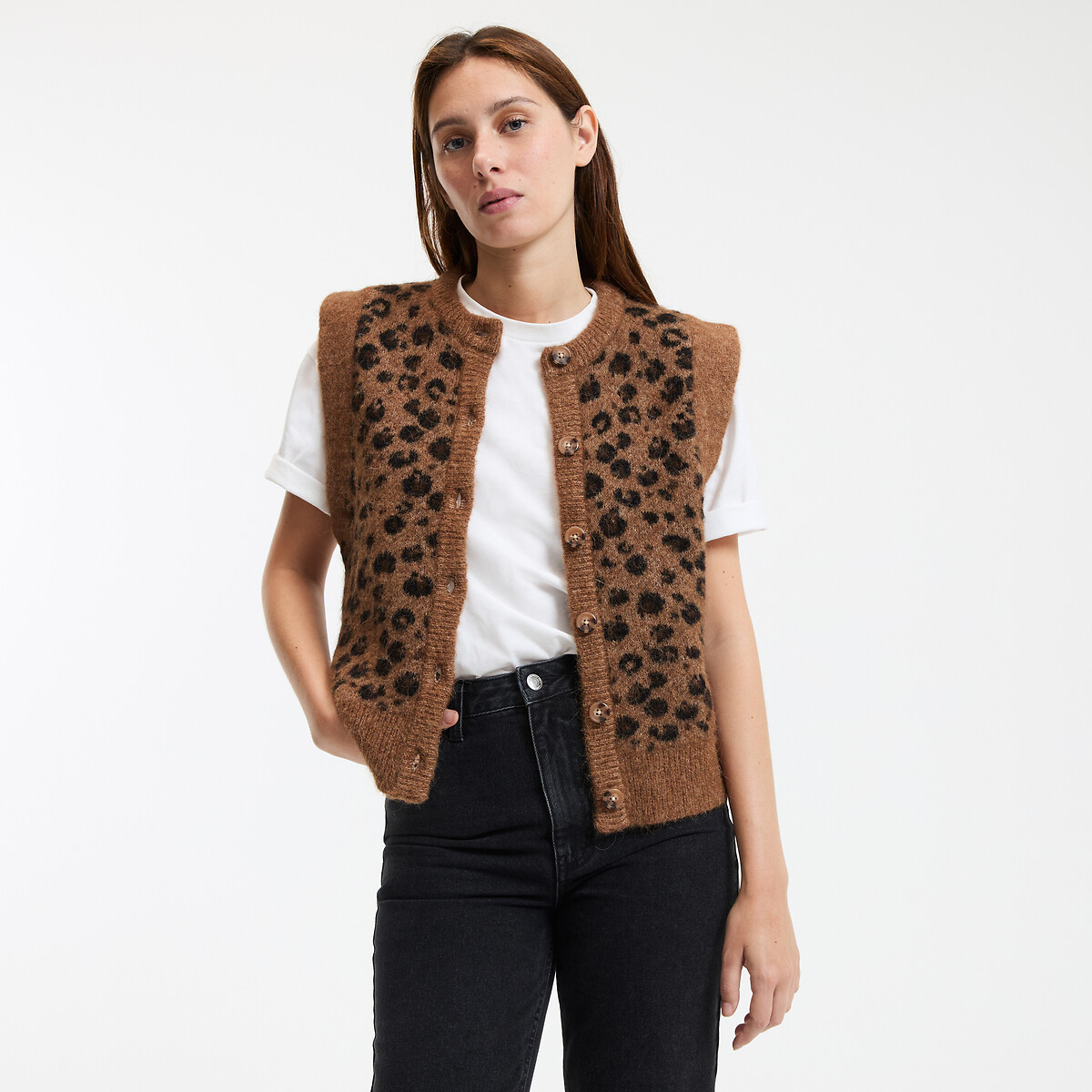 LA REDOUTE COLLECTIONS<br>Cardigã curto sem mangas, estampa de leopardo