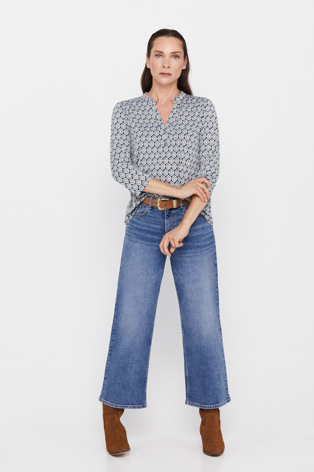 Blusa de malha com mangas até o cotovelo - Estampa azul
