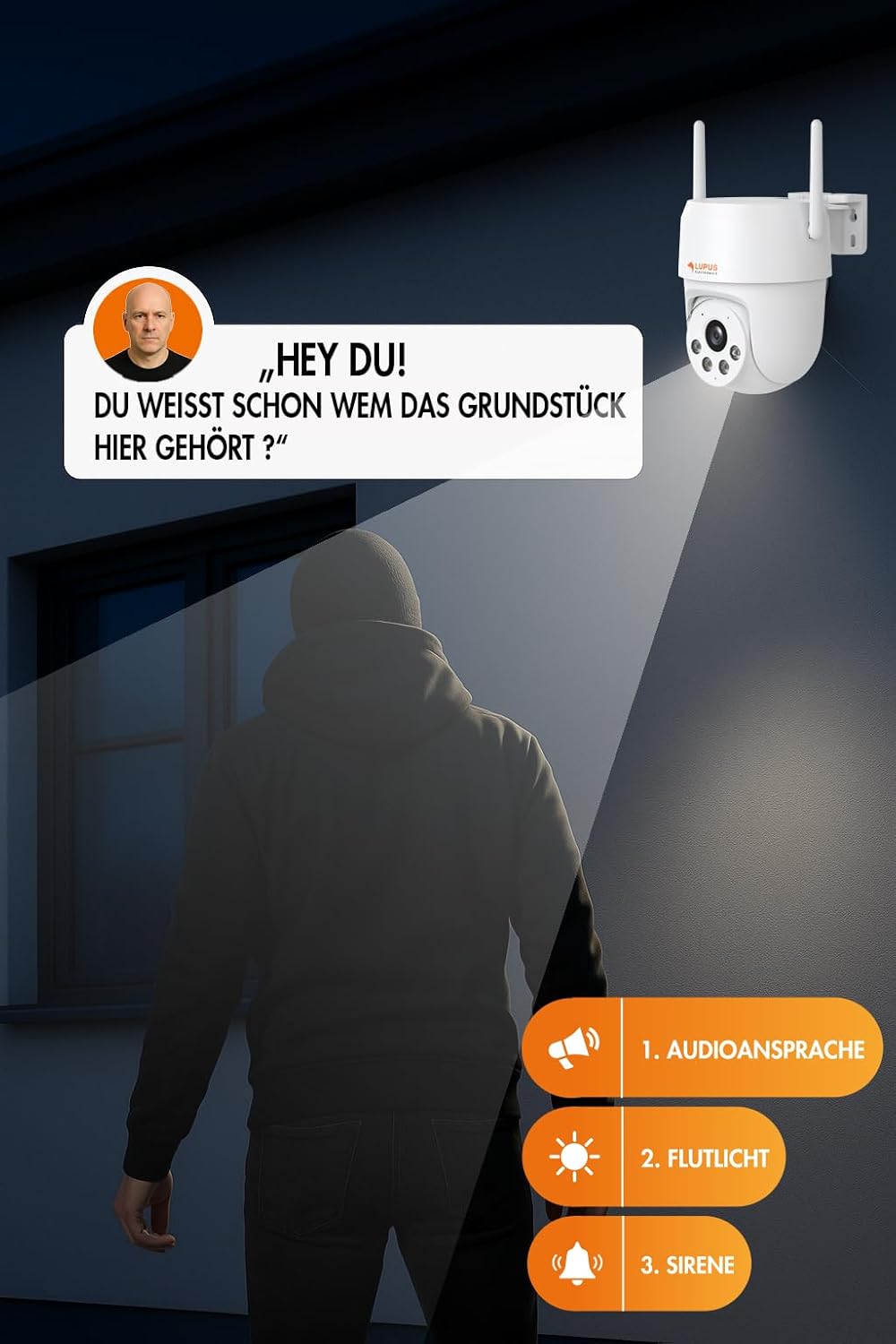 LE213 Alarmkamera mit KI-Objektverfolgung, WiFi 6, Täteransprache, Flutlicht, Sirene, Keine Cloud - Keine Datenkrake, dt. Hersteller, inkl. APPs und Win/Mac Software