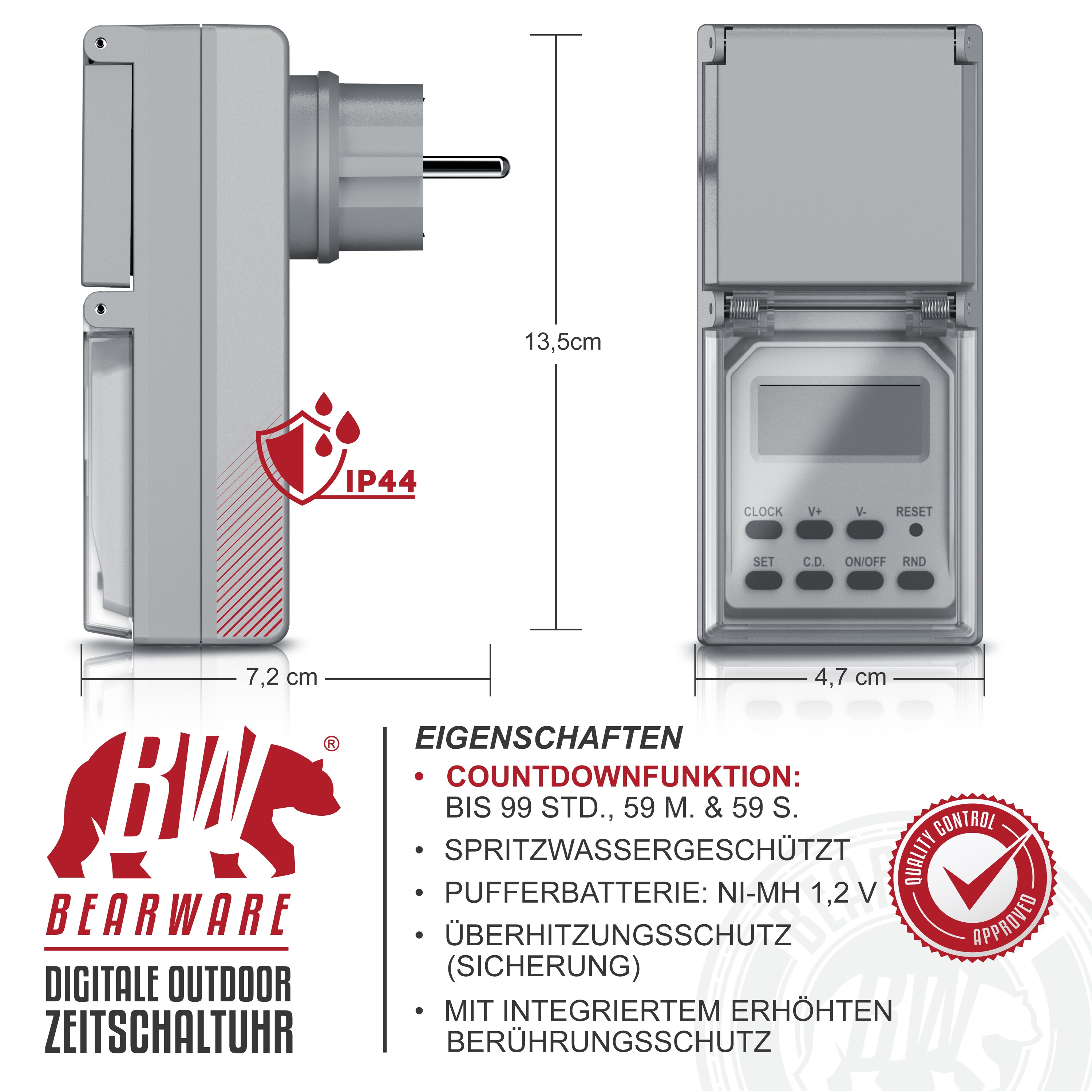 BEARWARE Outdoor Zeitschaltuhr für den Außenbereich Zufallsfunktion - IP44 - Countdown