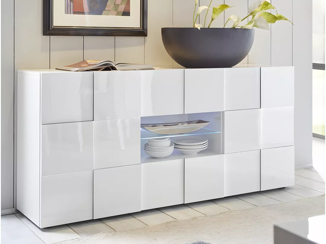 Ensemble Meuble TV + Buffet - Blanc laqué - Séjour lumineux CALISTO