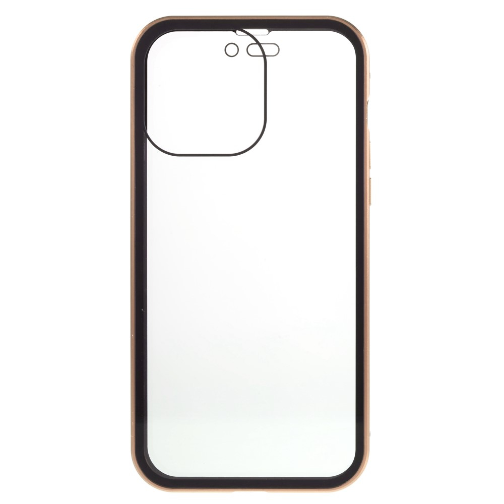 iPhone 14 Pro Magnetische Alu Schutzhülle mit Panzer Glas Backcover   Privacy Glas Displayschutz (Magnet-Technologie) - Gold