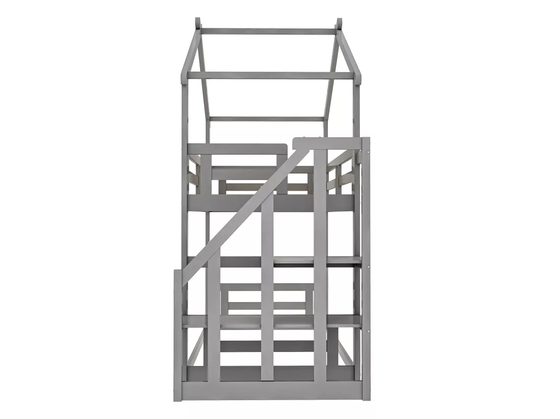 Lit superposé cabane avec rangement - 90 x 200 cm - pin - barrières et escalier - coloris gris