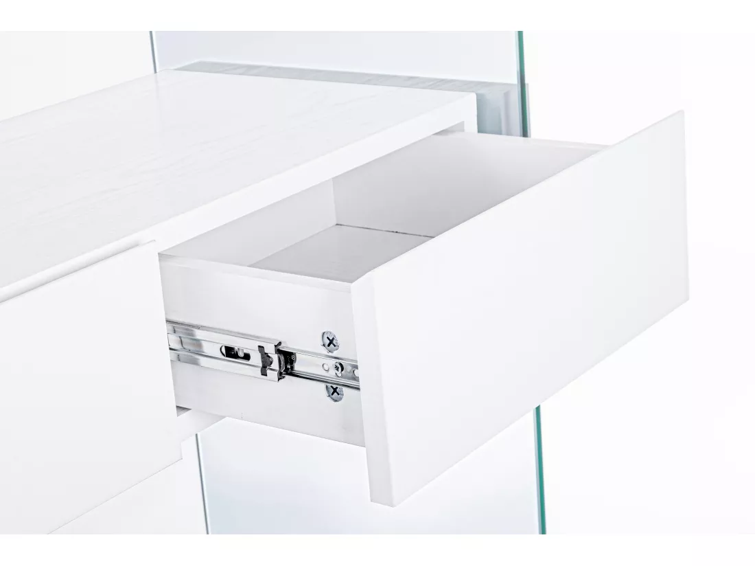 Bibliothèque 2 tiroirs 4 niveaux bois blanc et verre trempé Lina 90cm