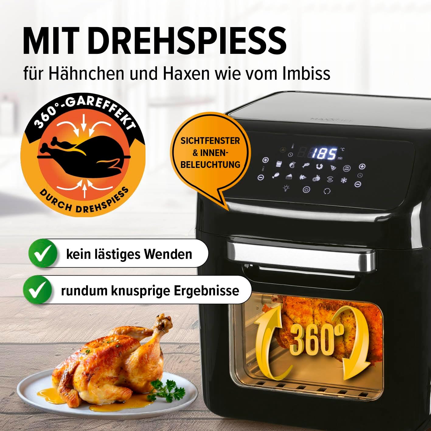 MAXXMEE Heißluft-Fritteuse Digital | Heißluftfritteuse XXL 12L bis zu 1,8kg Pommes | 3in1 Heißluftofen, Grill und Fritteuse | Fett- und geruchsarme Zubereitung mit Heißluft-Zirkulation [schwarz]