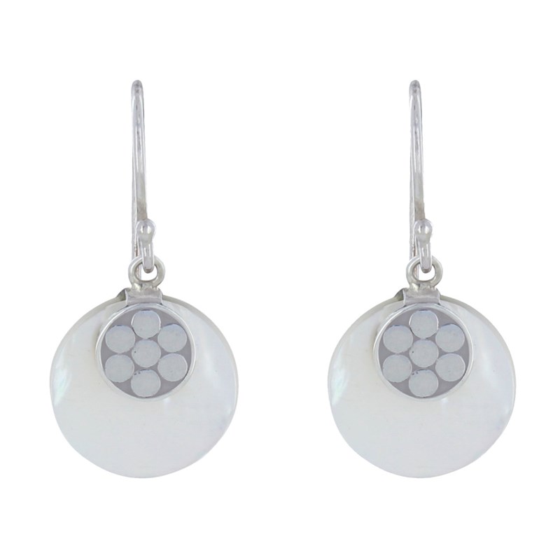 Boucles d'Oreilles Argent Petits Disque de Nacre Ivoire et Fleurs Rondes