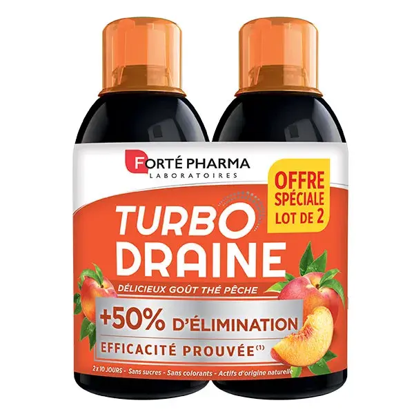 Forté Pharma TurboDraine Chá de Pêssego Emagrecedor Drenante Eliminação Pacote com 2 x 500ml