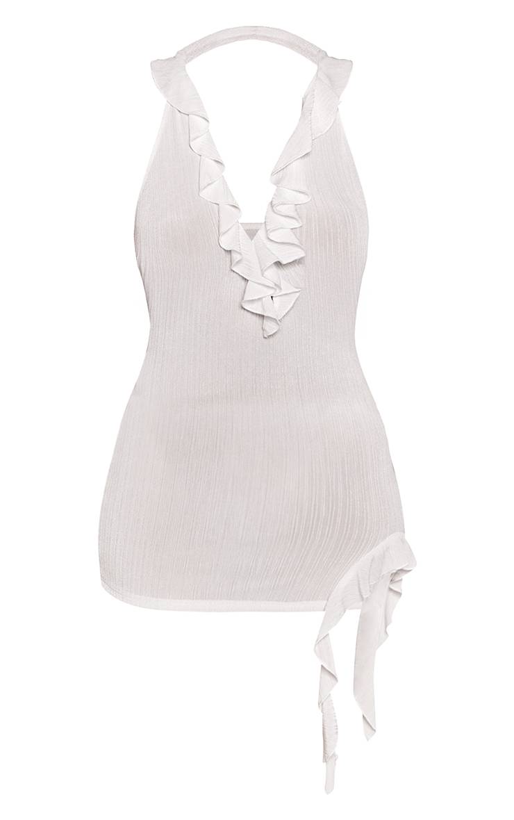 Crème Robe Mini Moulante Texturée À Décolleté Plongeant Avec Détail À Volants