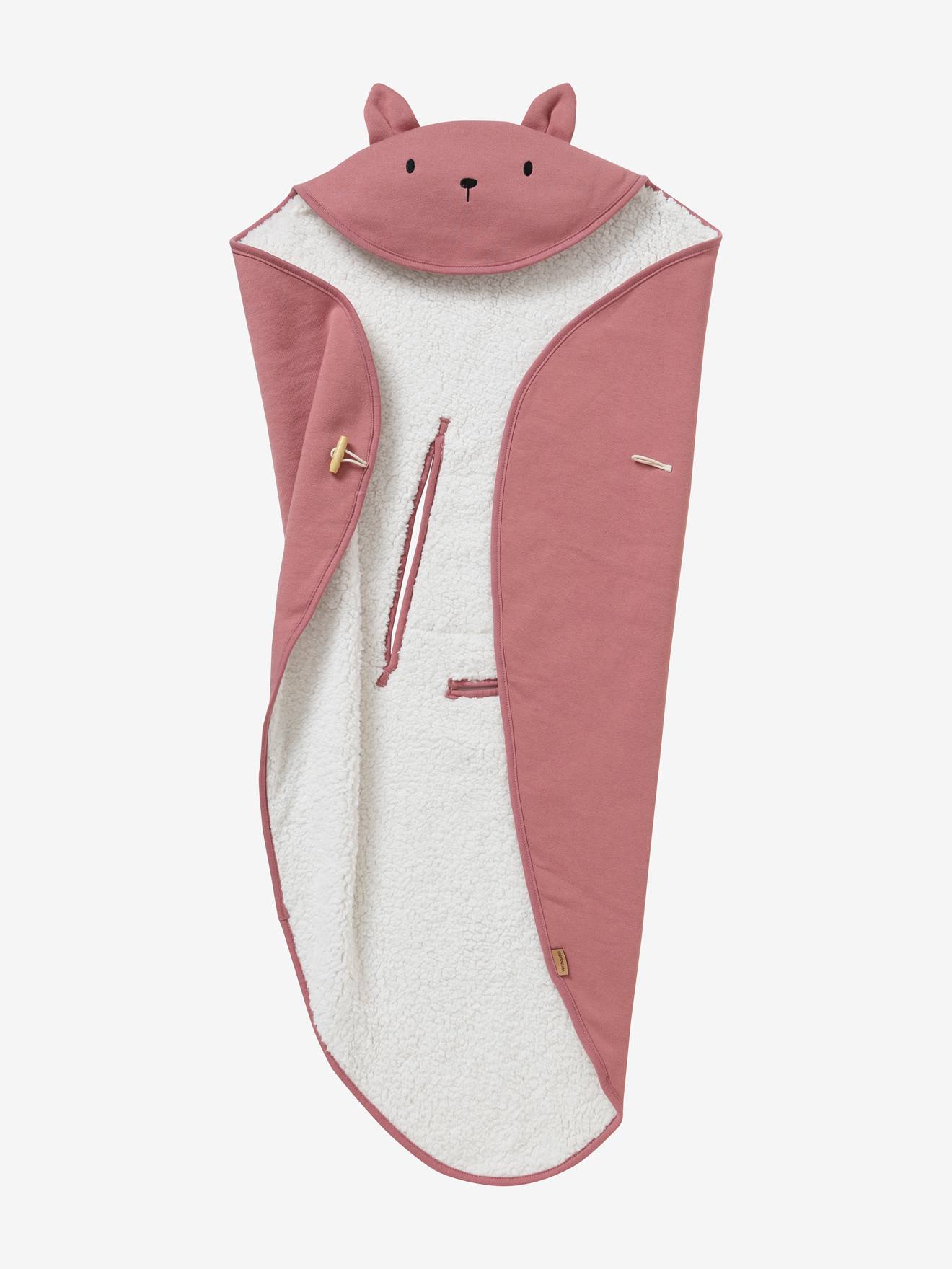 Manta para bebê com capuz e forro de pelúcia, rosa médio liso com estampas.