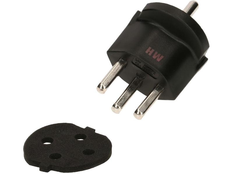 Max Hauri Fixadapter Schuko – T23 IP44, Schwarz Fixadapter 3-Pol Deutscher Schuko Stecker auf Schweizer T23 Stecker