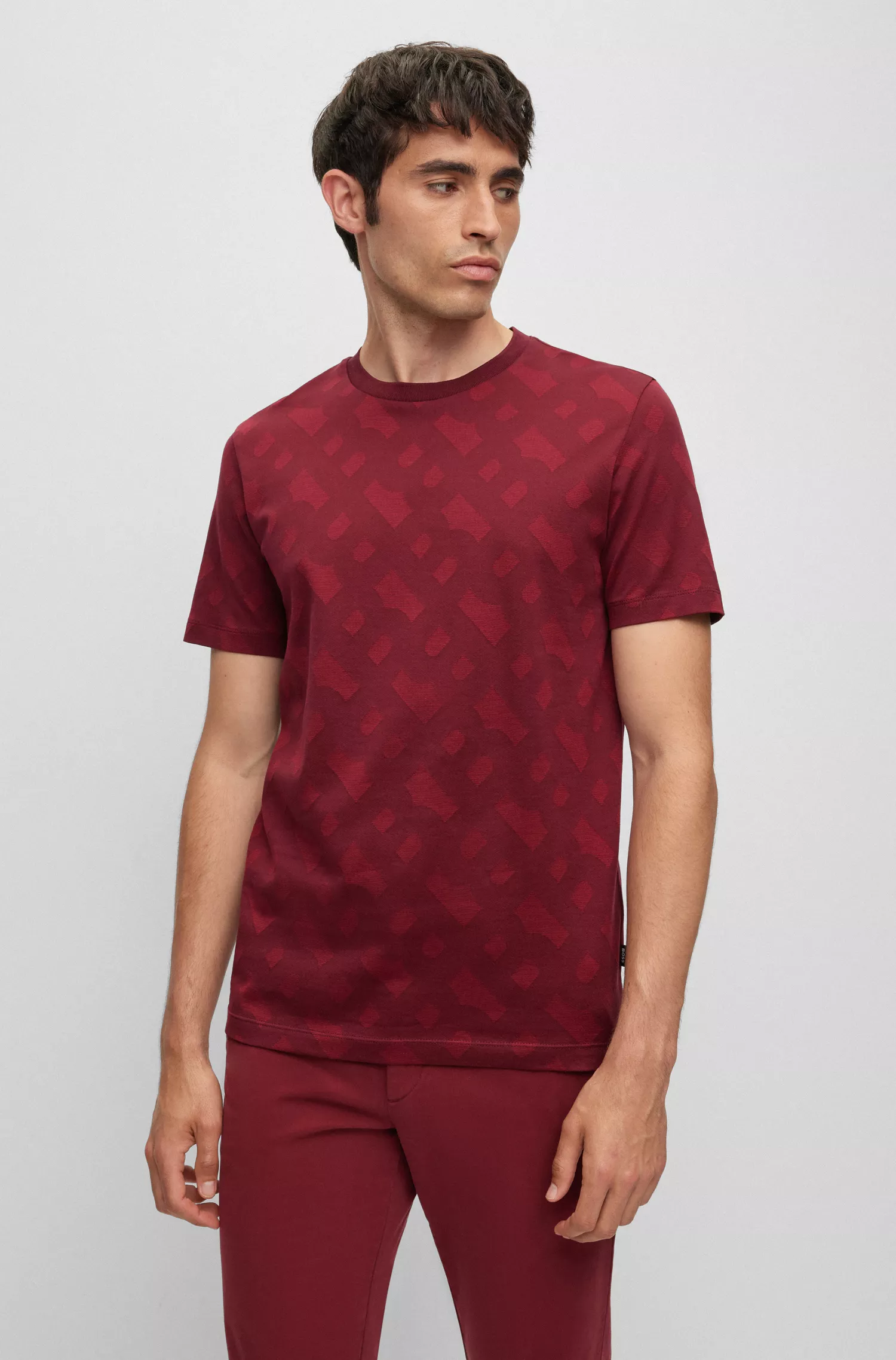 Camiseta BOSS preta de algodão mercerizado com corte regular e monograma em jacquard.