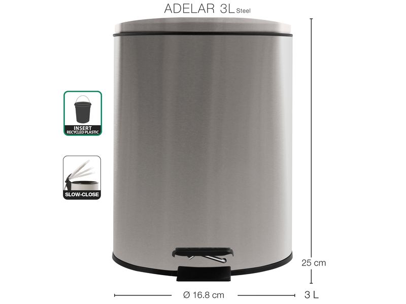 spirella Treteimer Adelar 3 l, Silber Treteimer aus Stahl mit herausnehmbarem Eimer