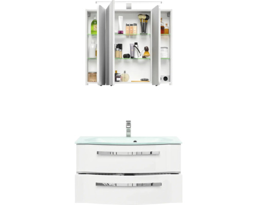 3-delige badkamermeubelset Pelipal xpressline 4005 BxHxD 92 x 200 x 49,1 cm, hoogglans witte fronten, met witte glazen wastafel en glazen wastafelmeubel, wastafelkast, spiegelkast met LED-verlichting, chromen greep, 992.0900111 9920900111