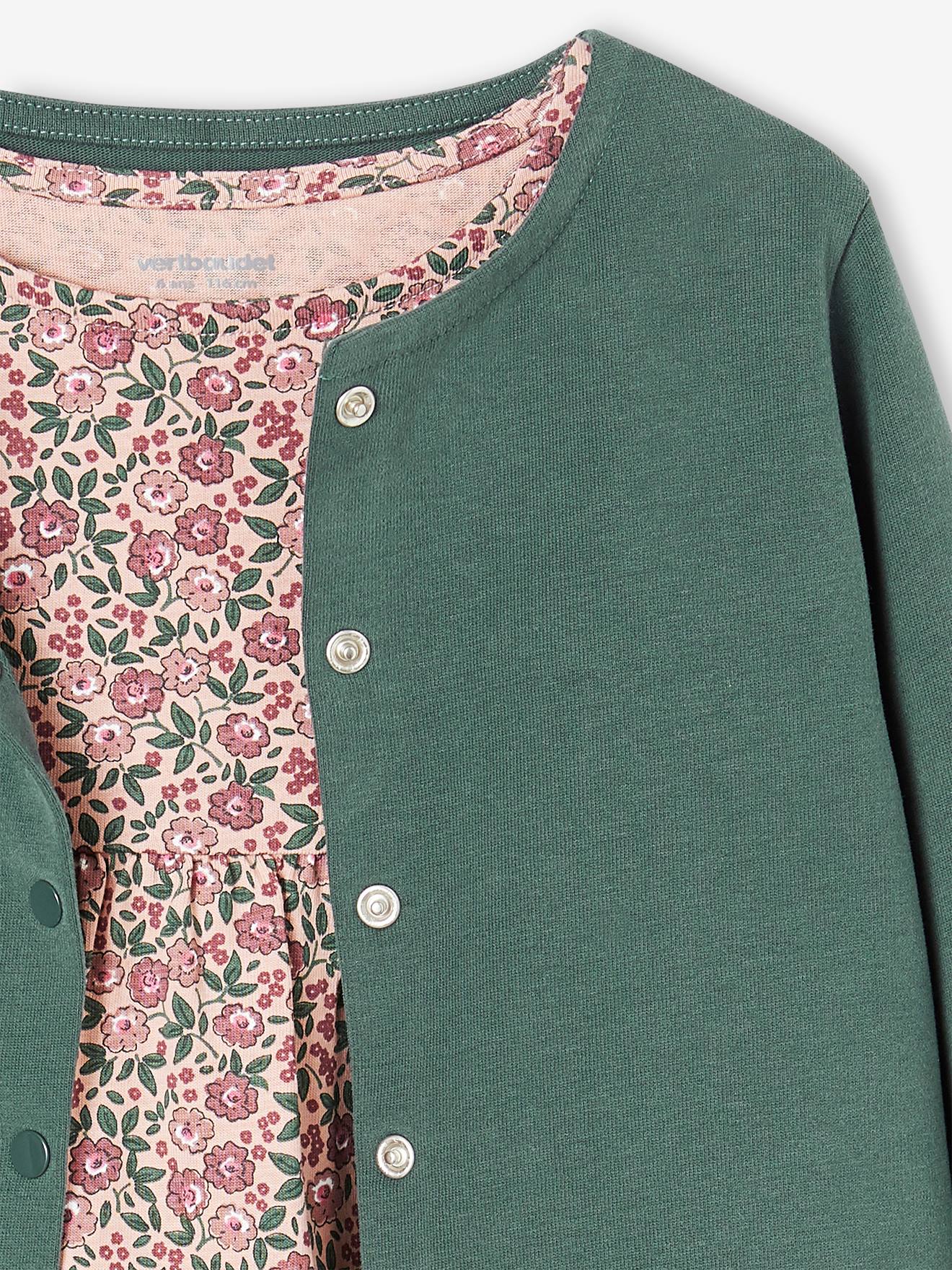 Conjunto de casaquinho e vestido com estampa floral para meninas, azul acinzentado
