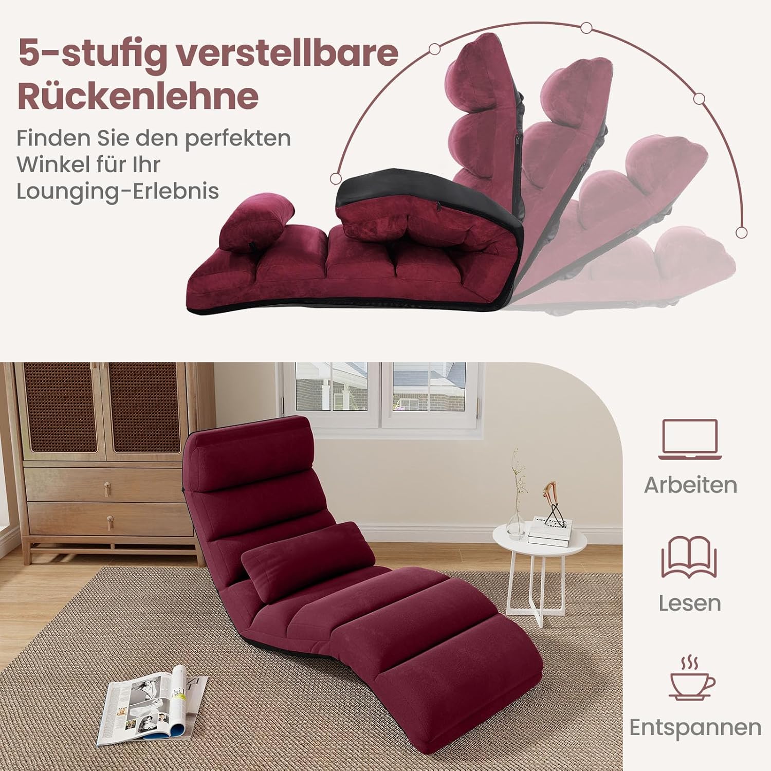 COSTWAY Relaxliege klappbar, Bodenstuhl mit Verstellbarer Rückenlehne, Bodenliege mit Schlaffunktion, Bodensofa, Bodensessel für Gaming, Schlafen, Lesen, Rot