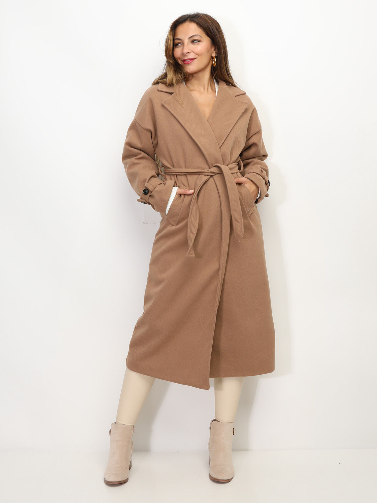 Manteau long oversize à ceinture- Marron clair