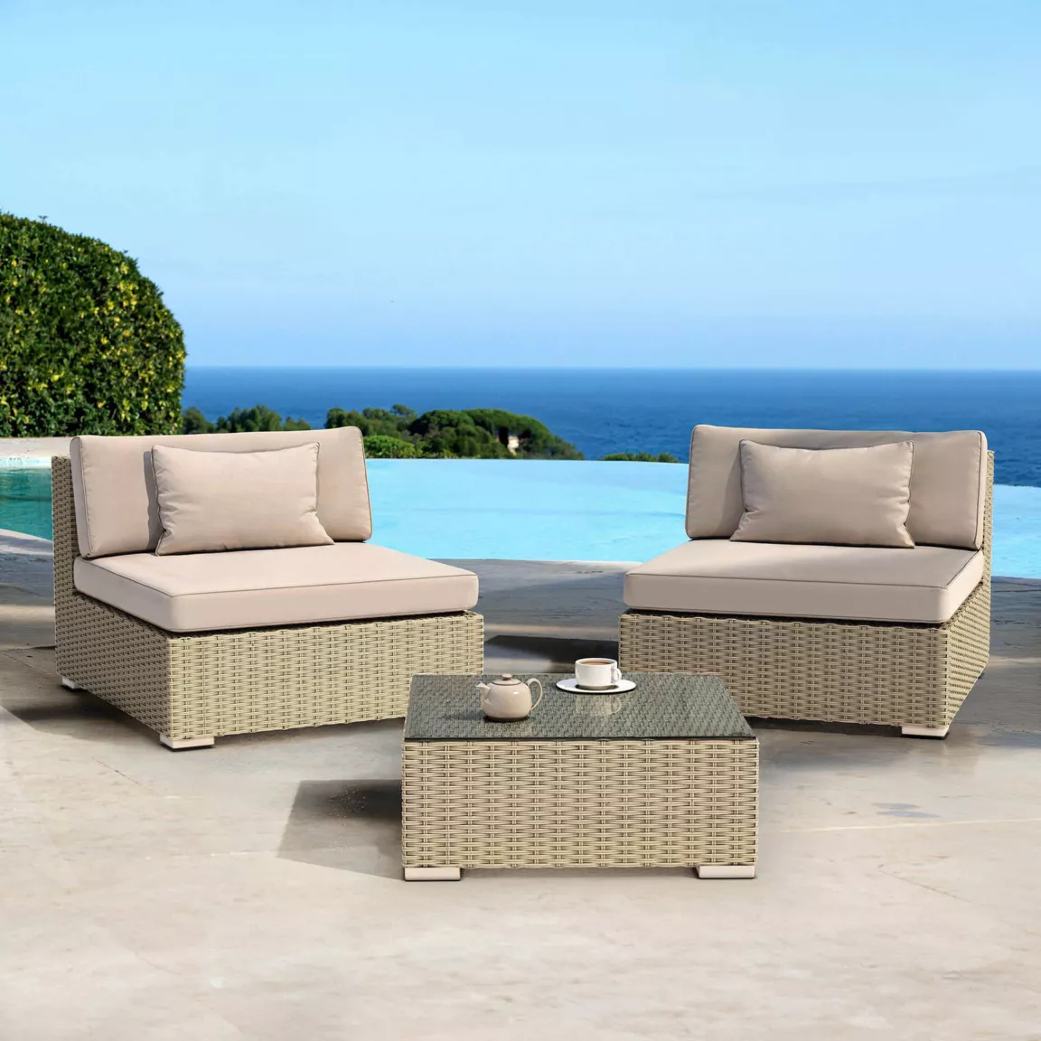 Salon de jardin en résine tressée 2 places 3 pcs Palma Gris et taupe