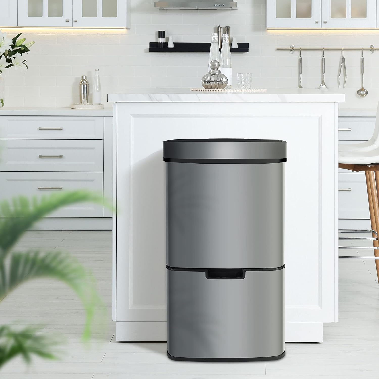 Ribelli Edelstahl - Mülltrennsysteme mit 3+1 Fächer - Mülleimer mit Sensor - 72 Liter (2x12 + 1x48 L) - Design Treteimer aus Edelstahl - Grau