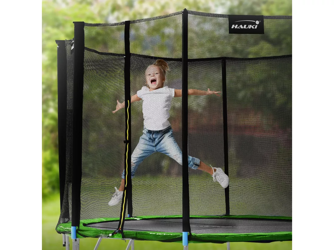 Hauki Trampoline Outdoor, Ø427 cm, vert, certifié GS, trampoline de jardin rond pour enfants jusqu'à 150 kg, set complet avec filet de sécurité, échelle, couverture des bords, barres rembourrées, trampoline stable pour enfants