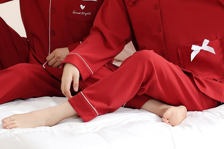 Jeony - Bijpassende pyjamaset voor koppels: shirt met lange mouwen en kraag + rechte broek met elastische taille (verschillende ontwerpen)