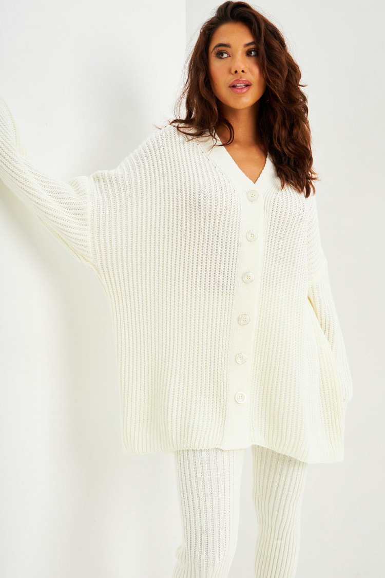 Ensemble écru en maille gilet + pantalon