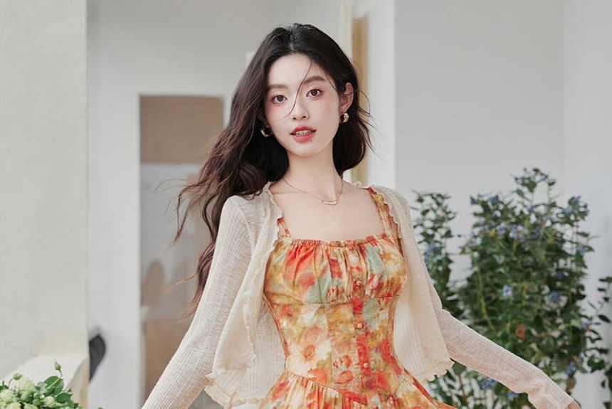 Nebbia - Mouwloze maxi-A-lijnjurk met bloemenprint / licht vest / set