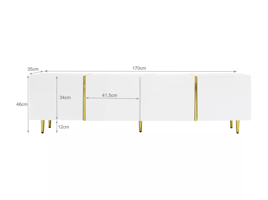Meuble TV moderne avec 4 portes - 170 x 35 x 46 cm - Bois MDF - Blanc brillant et or