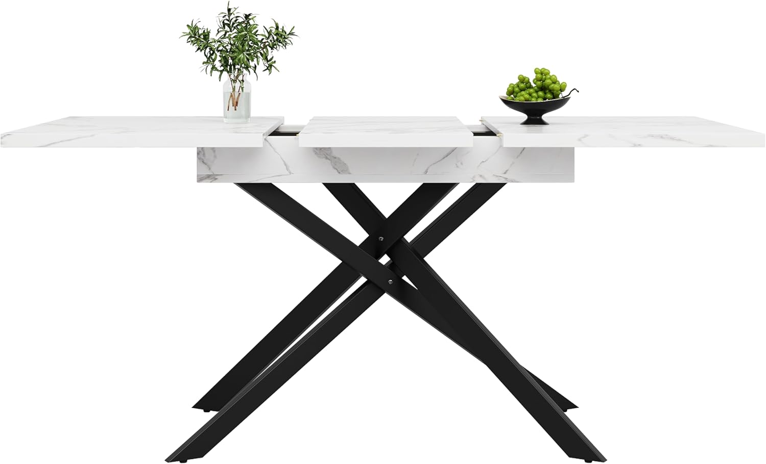 Esstisch Ausziehbar, küchentisch Esszimmertisch, 120-160×80x76.5 cm Rechteckiger Küchentisch, Schwarz Gekreuzte Eisenbeine, Dining Table, Ausziehbar Esstisch für Wohnzimmer, Esszimmer (Weiß)