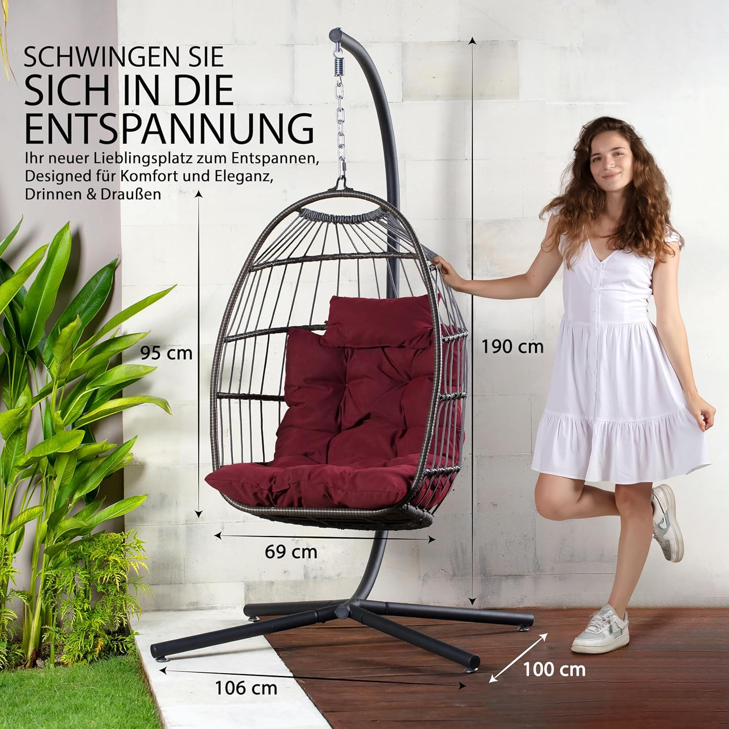 SereneLife Hängesessel mit Gestell Rot – Schaukelstuhl Relaxsessel bis 250kg Faltbarer Hängesessel mit dicken Kissen für Balkon, Garten, Indoor - Wetterfest & platzsparend