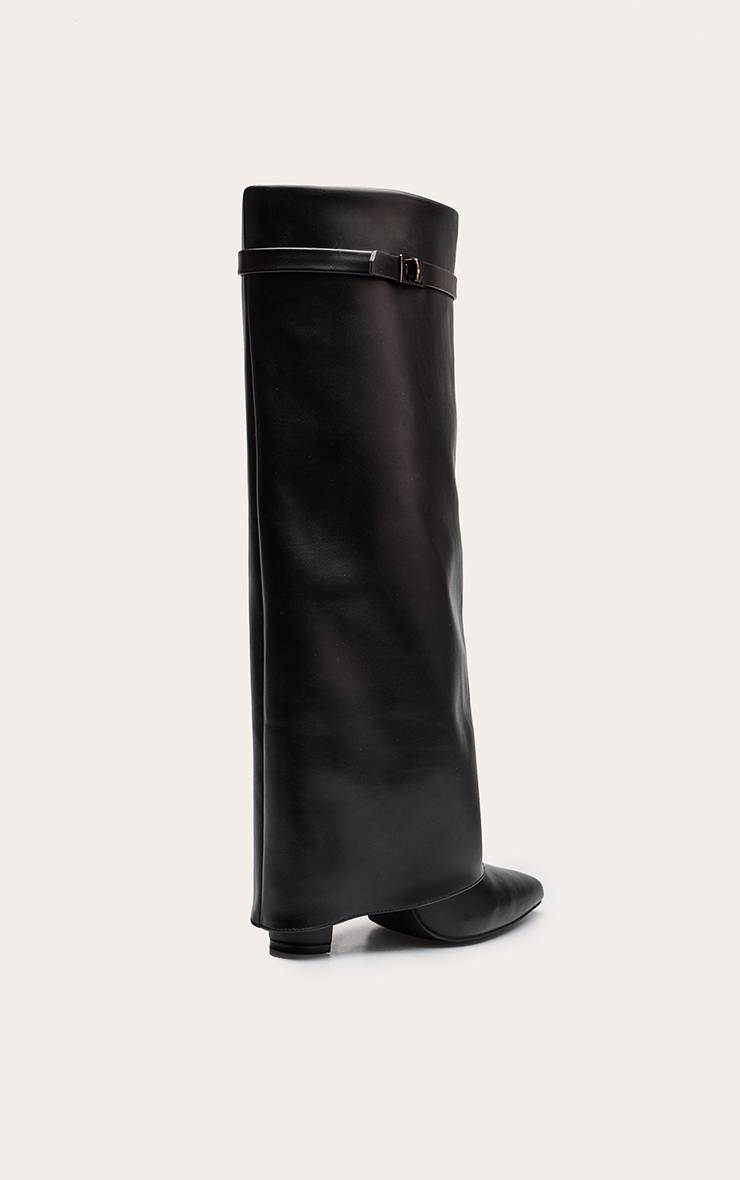 Noir Botte Haute À Talon Bloc En Synthétique Mat À Bout Pointu Avec Revers