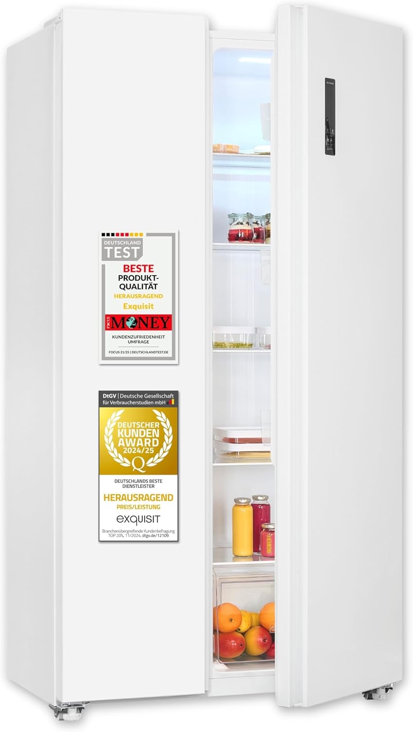 Exquisit Side-by-Side Kühl-Gefrierkombination, 442 Liter, No-Frost, LED-Display, 10 Ablagen, leiser Betrieb, 91 cm Breite, SBS546-040E weiss