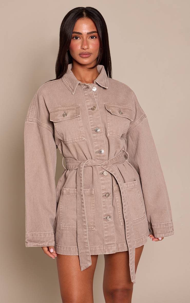 Champignon Robe En Denim Petite À Poches Utilitaires Et Ceinture À Nouer À La Taille