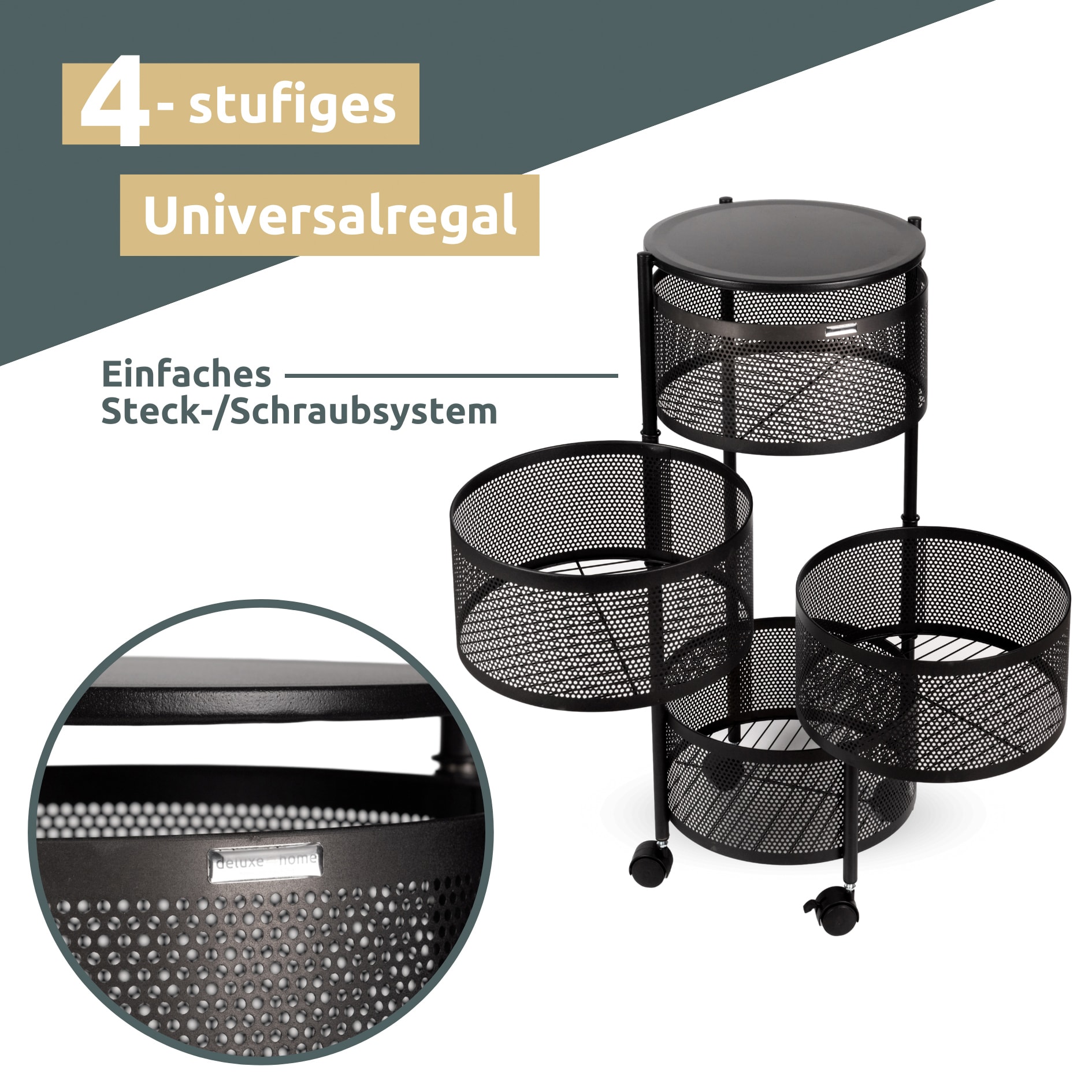 deluxe4home Rollregal 34 x 75 x 34 cm schwarz