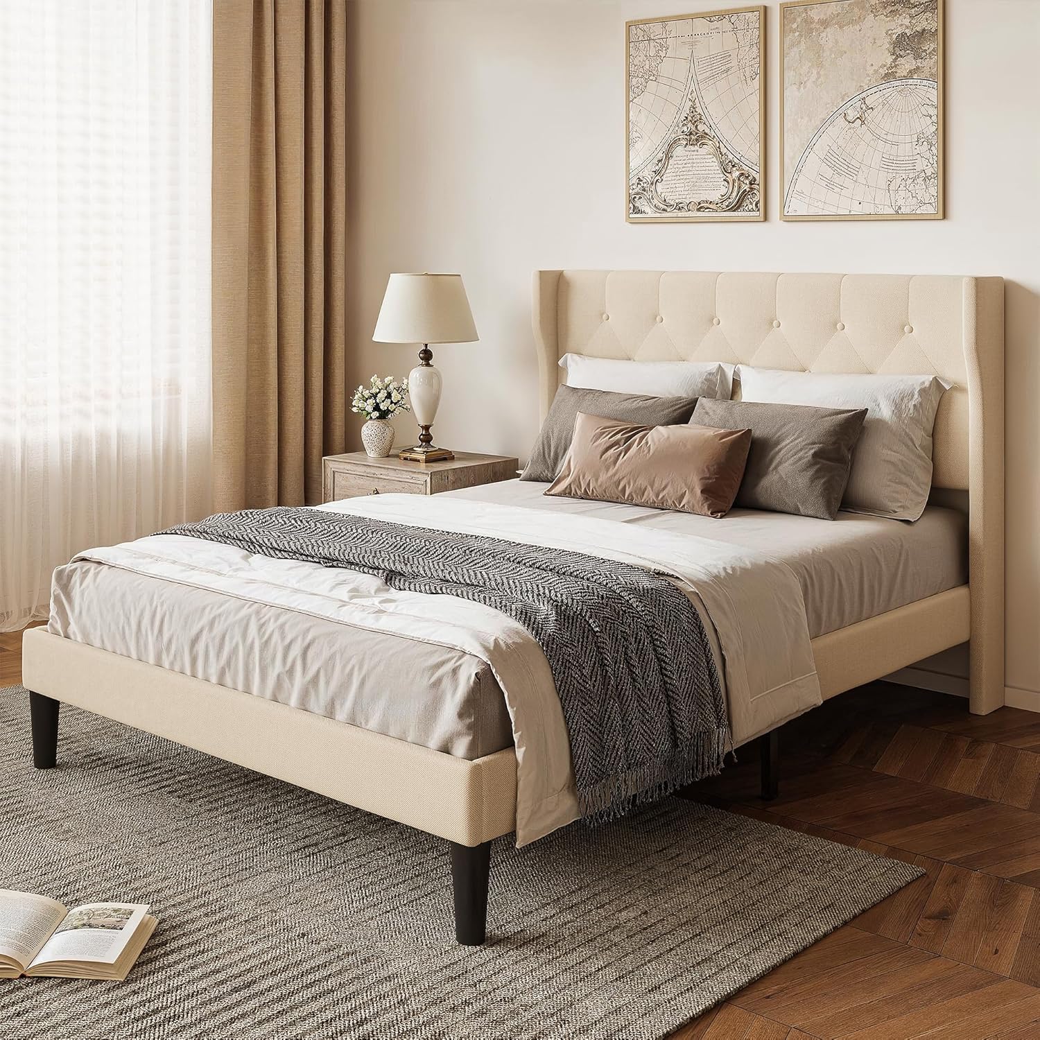 Xbro Bettrahmen 140 x 200 cm mit Kopfteil und Lattenrost, Doppelbett, Einzelbett, Leicht zu Montieren und Stabil, 20 cm Ablagefläche, Beige