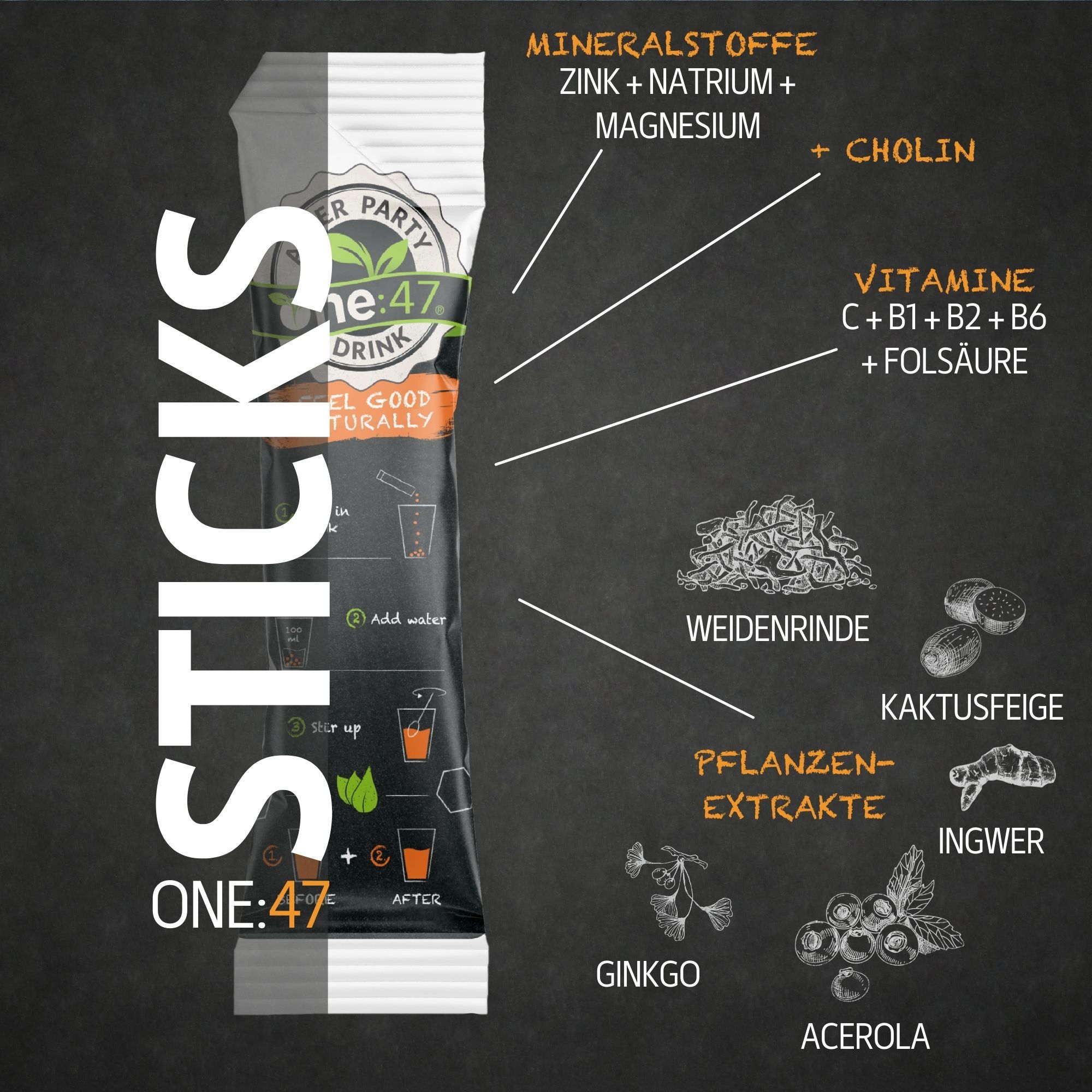 one:47® After Party Sticks mit Elektrolyten und Vitaminen