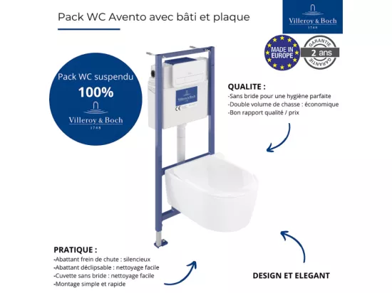 Pack WC suspendu sans bride VILLEROY ET BOCH Avento + Bâti support ViConnect Pro + abattant frein de chute + plaque blanche