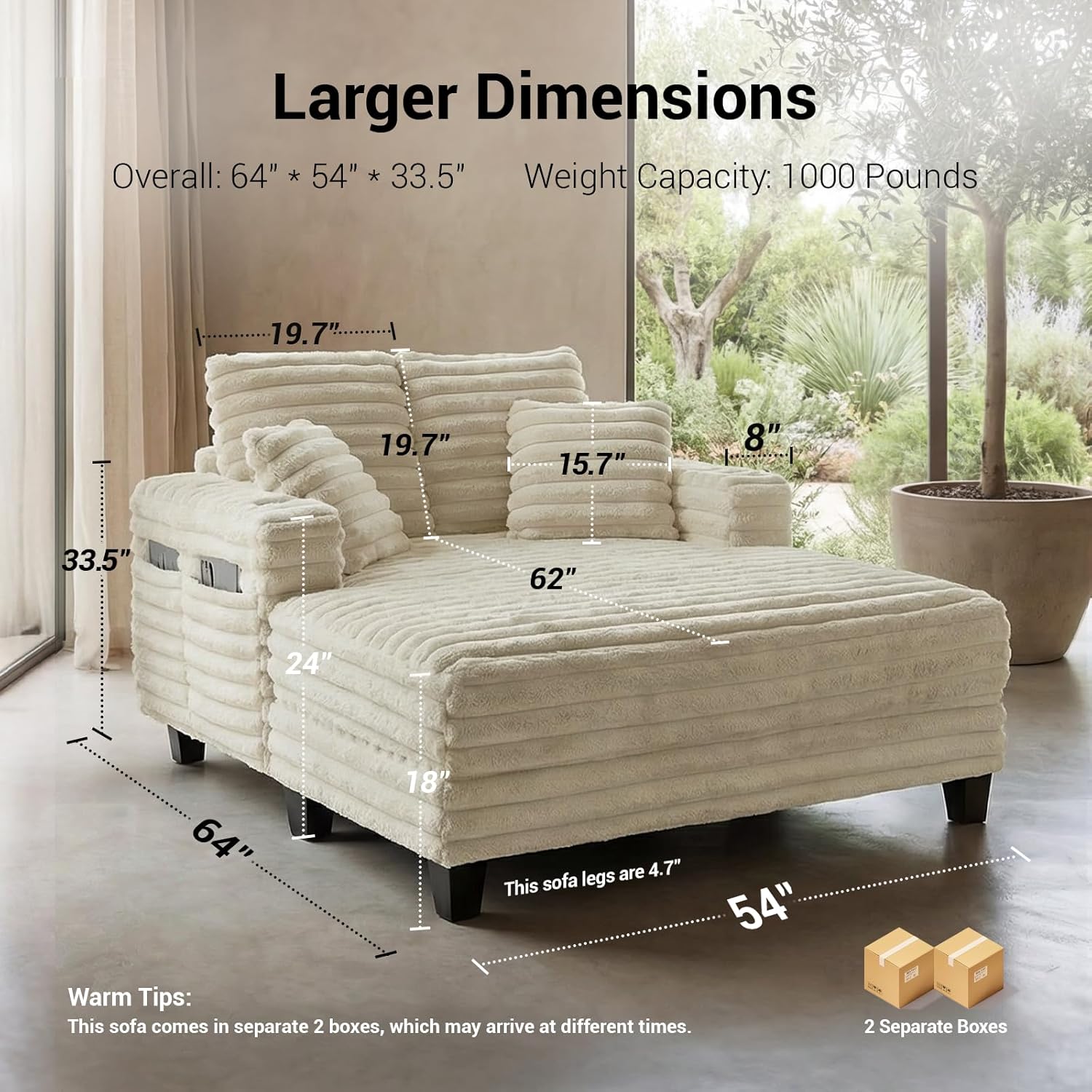 Oversized Chaiselongue Sofa, 163 cm Großer Schlafsessel mit stabilem Holzrahmen, Plüsch Cord Relaxliege mit 2 Getränkehaltern & 4 Taschen, Liegesessel für Wohnzimmer (Beige)
